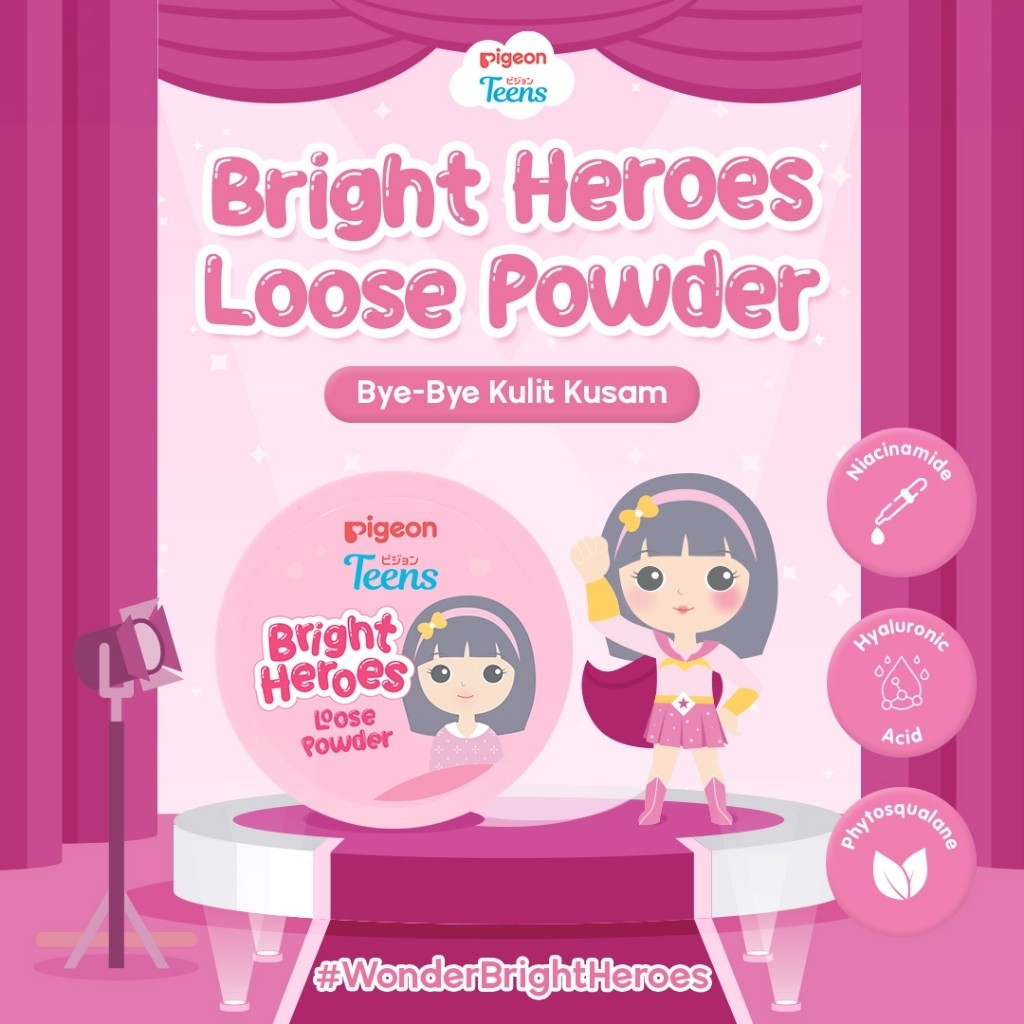 Pigeon Teens Bright Heroes Loose Powder 9gr| Bedak Tabur Remaja |Niacinamide Infused |Talc Free | Ringan & Mencerahkan