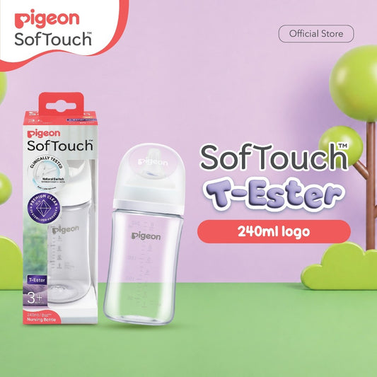 PIGEON Botol T-ESTER Wide Neck 160 | 240 ml w/SofTouch Nipple | Botol Susu Bayi Newborn & Anak | Jernih Bening Seperti Kaca | Tahan Sterilisasi UV | Anti Kolik | Dot Seperti Payudara Ibu | Nipple Dot Lembut & Elastis | FREE BPA BPS