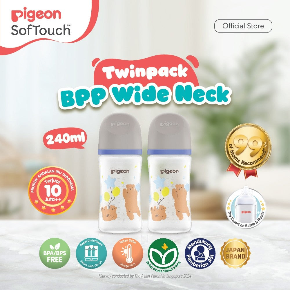 PIGEON Botol BPP Wide Neck (Set isi 2) with SofTouch Nipple | Botol Susu Bayi | Botol Susu Newborn | Medical Grade | Tahan Suhu 110 C | Anti Kolik | BPA BPS FREE | Dot Seperti Payudara Ibu | Nipple Dot Lembut & Elastis | Nipple Anti Bingput