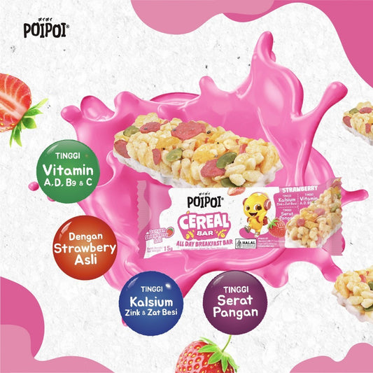 (ISI 12) POIPOI Cereal Bar Rasa Strawberry 15g | Cereal bar bergizi | Cemilan Anak | Sarapan Instant | Tinggi Vitamin | Tinggi Kalsium | Strawberry Asli