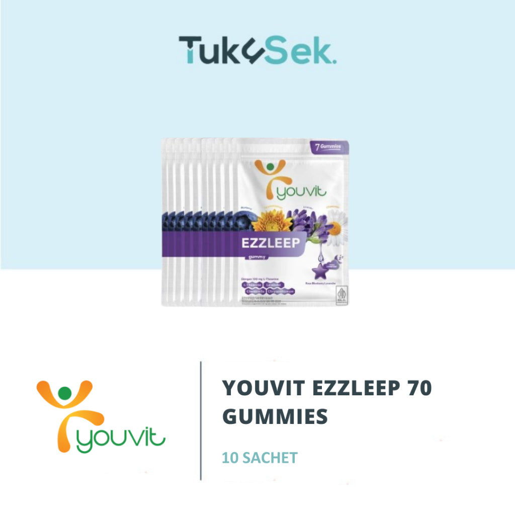 Youvit EZZLEEP 70 Gummy (10 Sachet) untuk bantu dapatkan tidur nyenyak & berkualitas! | Dengan L-Theanine, Lavender, Chamomile, Chrysanthemum