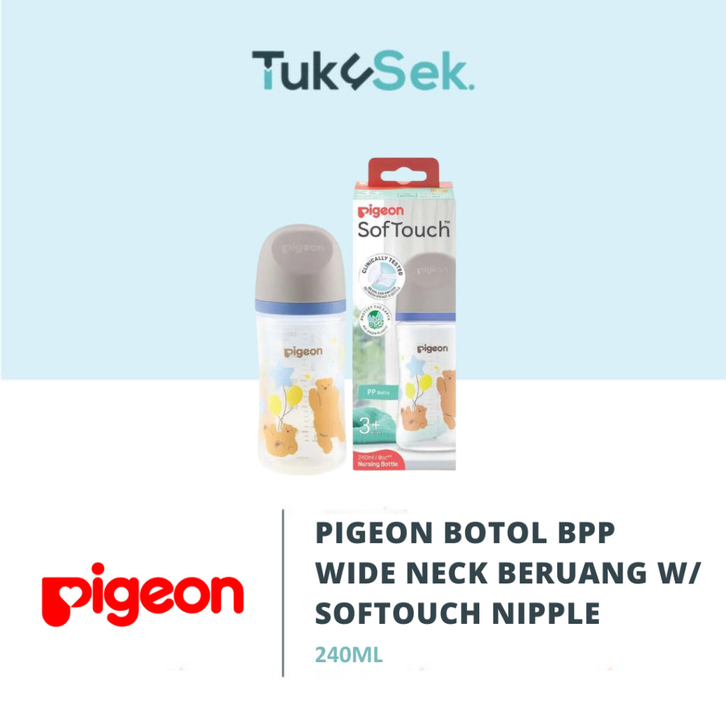 PIGEON Botol BPP Wide Neck 240ml w/ Softouch Nipple | Botol Susu Bayi | Anti Kolik | BPA BPS FREE | Nipple Dot Lembut & Elastis | Nipple Dot Size M