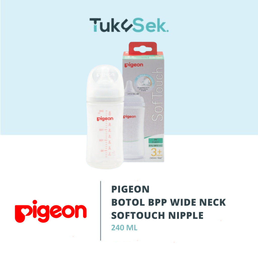 PIGEON Botol BPP Wide Neck 240ml w/ Softouch Nipple | Botol Susu Bayi | Anti Kolik | BPA BPS FREE | Nipple Dot Lembut & Elastis | Nipple Dot Size M