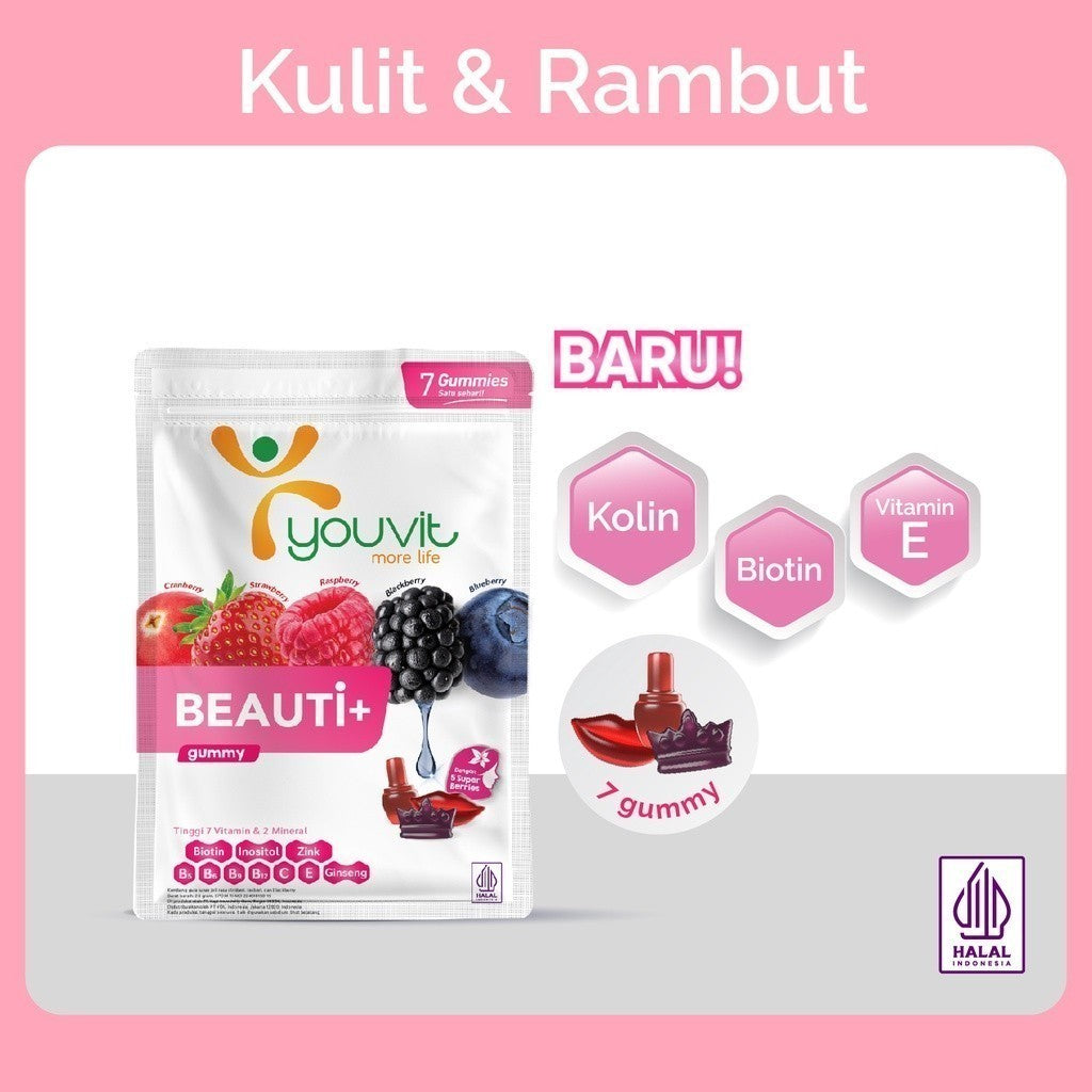 Youvit Multivitamin Gummy Beauti+ 1 Sachet Isi 7 gummy dengan Ginseng, Biotin dan Vitamin E BARU