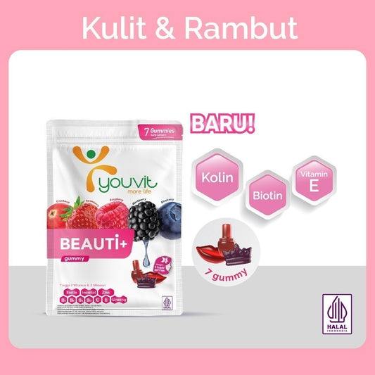 Youvit Multivitamin Gummy Beauti+ 1 Sachet Isi 7 gummy dengan Ginseng, Biotin dan Vitamin E BARU
