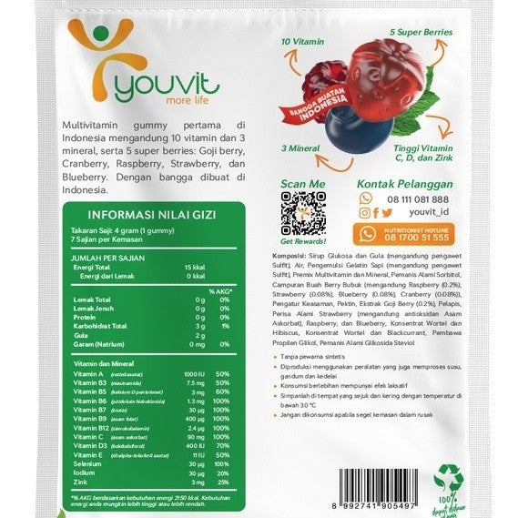 Youvit Multivitamin Dewasa 1 Sachet Vit. C, D, Zink & Superberries 7 Days