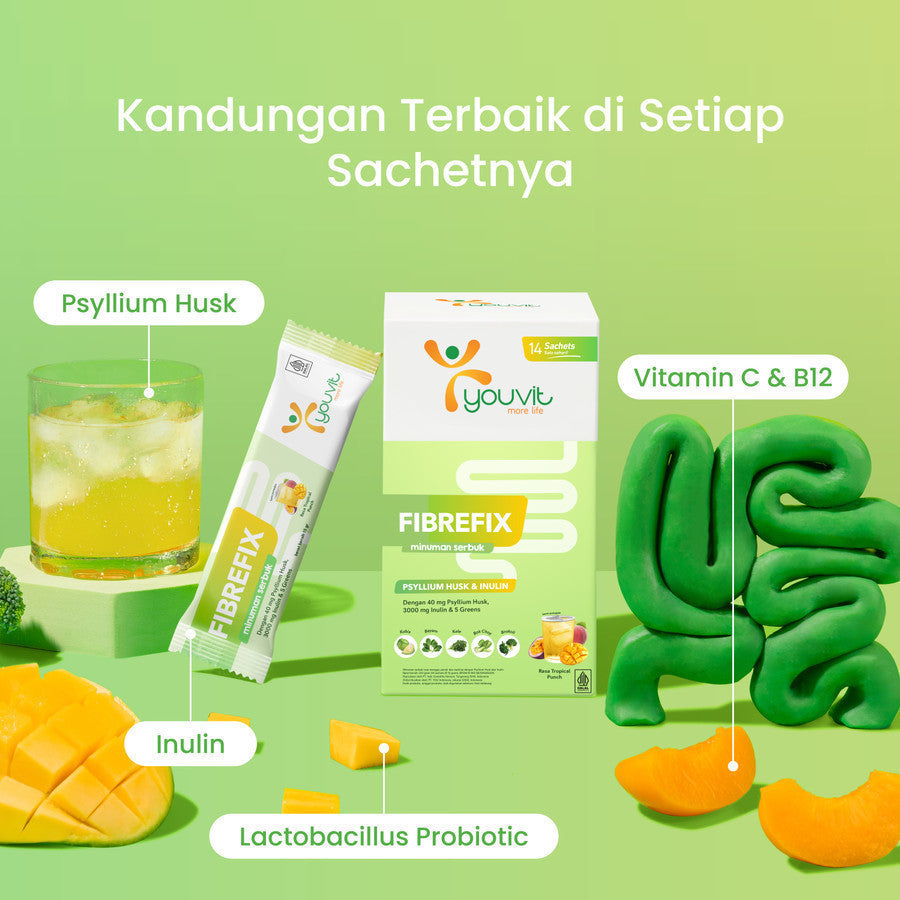 Minuman Serbuk Fiber untuk Konstipasi, Kembung & Berat Badan | Youvit 4-in-1 FibreFix 2 Sachet