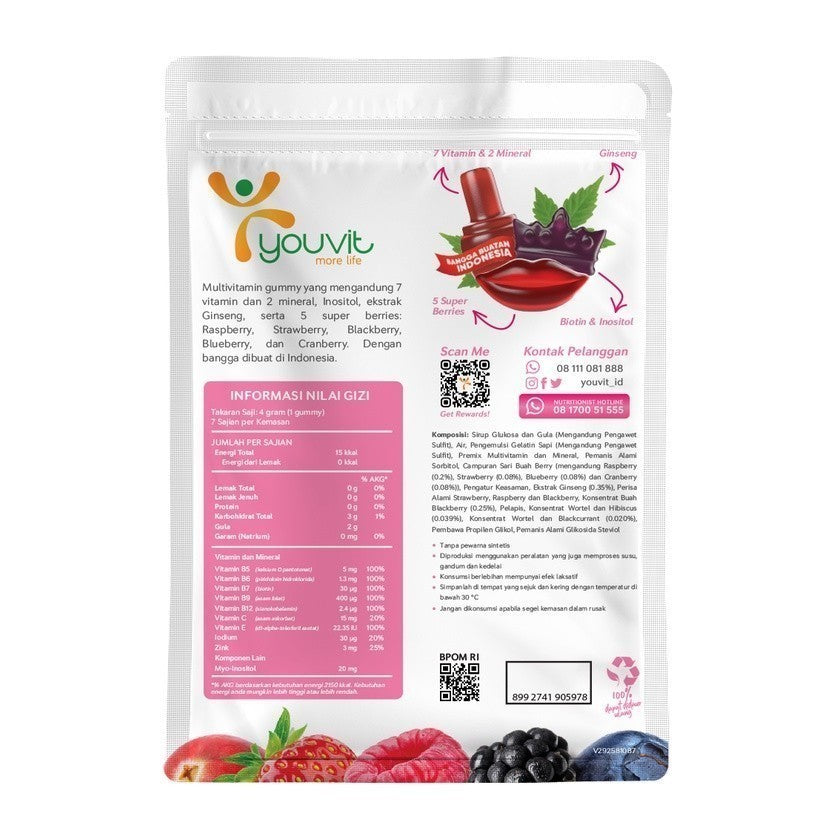Youvit Multivitamin Gummy Beauti+ 1 Sachet Isi 7 gummy dengan Ginseng, Biotin dan Vitamin E BARU