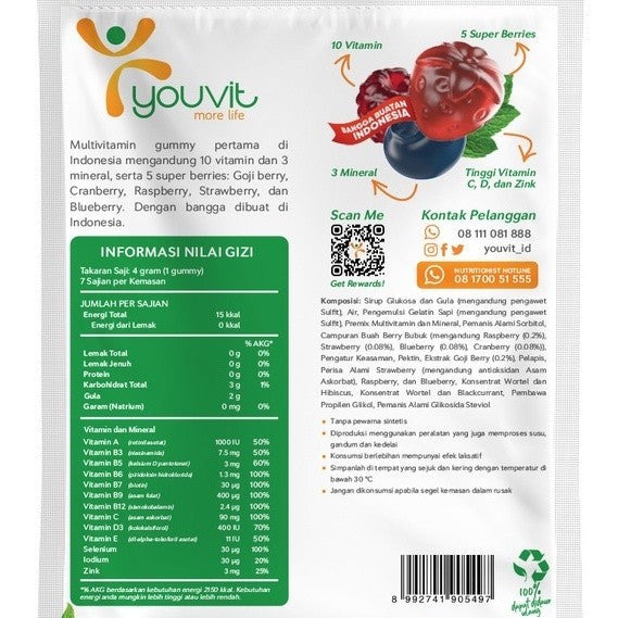 Youvit Multivitamin Dewasa 1 Pouch Vit. C, D, Zink & Superberries 30 Days