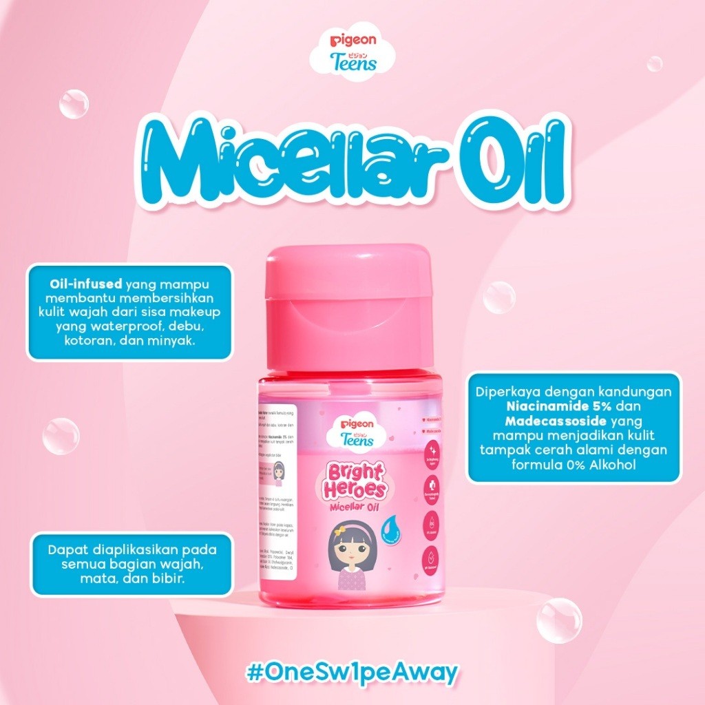 PIGEON TEENS BRIGHT HEROES MICELLAR OIL 100 ML| Micellar Oil Pembersih Wajah Double Cleansing| Skincare & Oil Infused