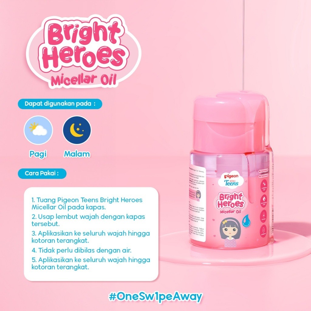 PIGEON TEENS BRIGHT HEROES MICELLAR OIL 100 ML| Micellar Oil Pembersih Wajah Double Cleansing| Skincare & Oil Infused