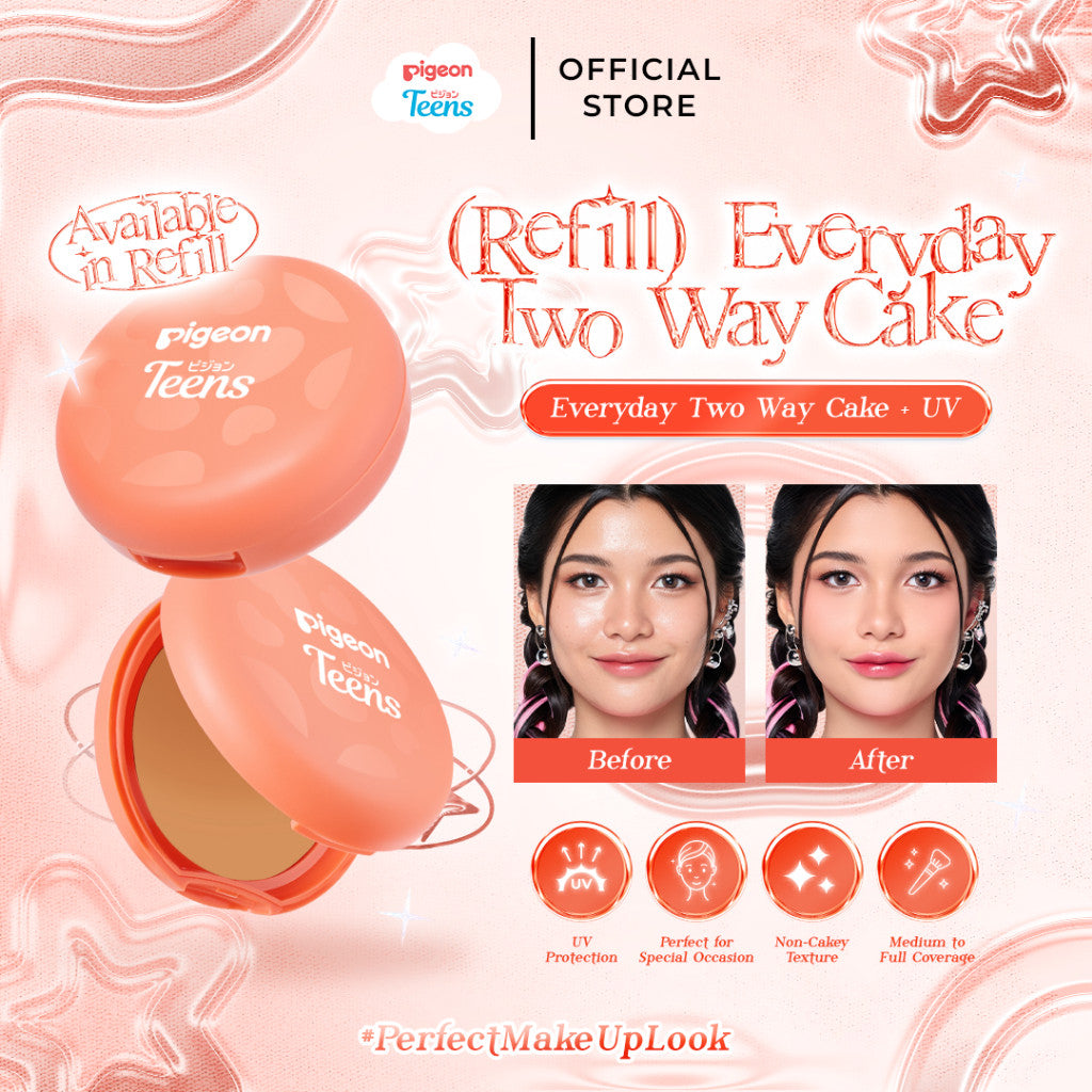 PIGEON TEENS EVERYDAY TWO WAY CAKE + UV FILTER REFILL |Bedak Foundation Padat Remaja|Medium To Full Coverage Look