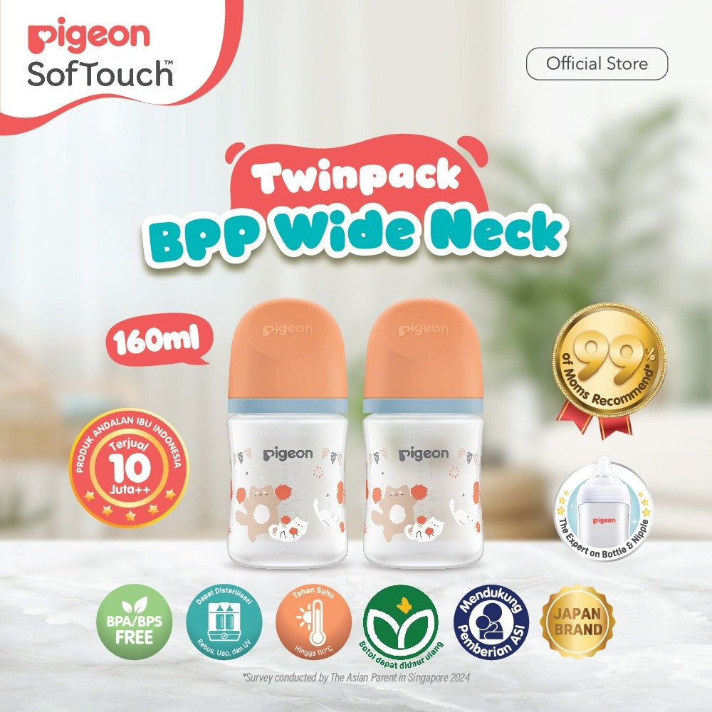 PIGEON Botol BPP Wide Neck (Set isi 2) with SofTouch Nipple | Botol Susu Bayi | Botol Susu Newborn | Medical Grade | Tahan Suhu 110 C | Anti Kolik | BPA BPS FREE | Dot Seperti Payudara Ibu | Nipple Dot Lembut & Elastis | Nipple Anti Bingput
