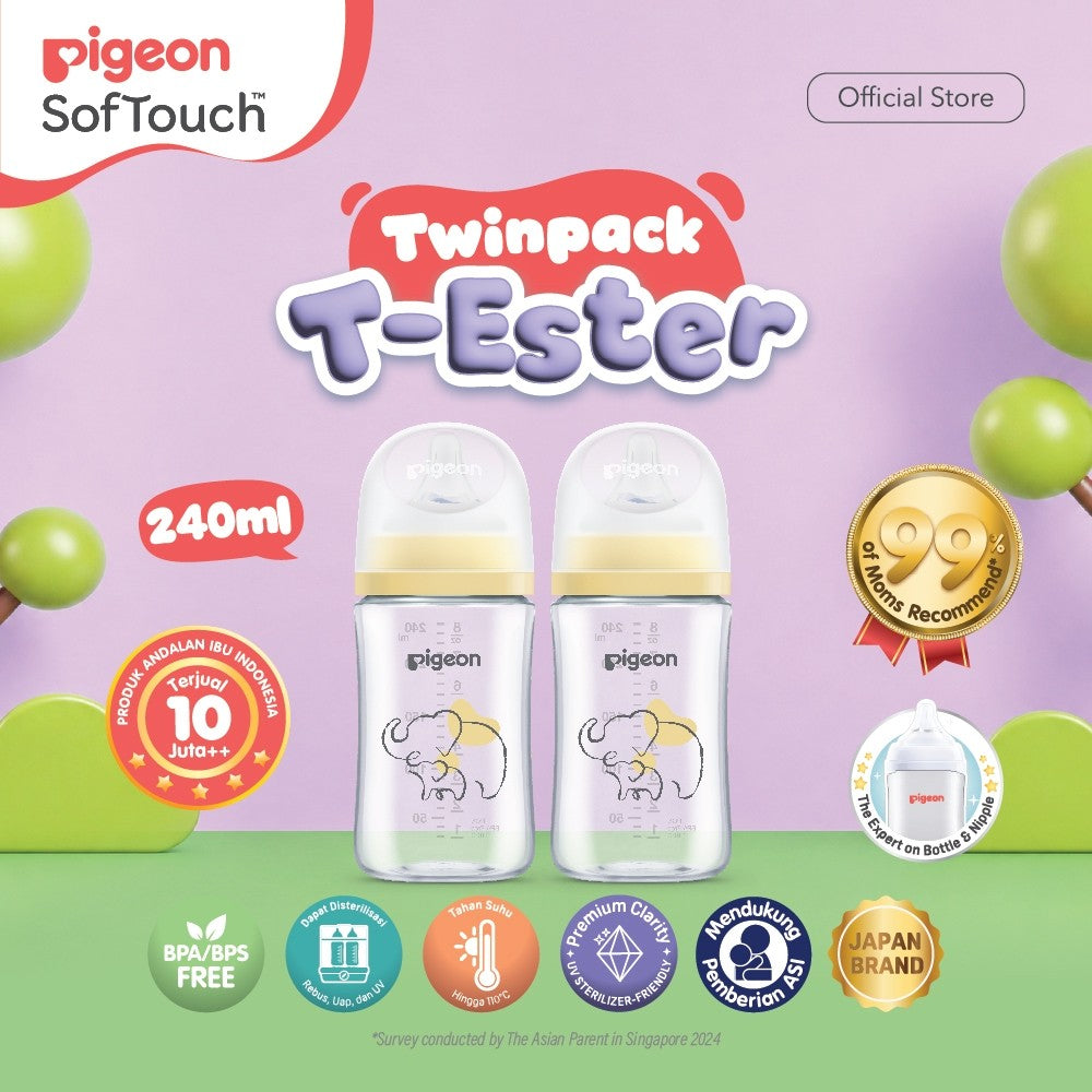 PIGEON Botol T-ESTER Wide Neck (Set isi 2) with SofTouch Nipple | Twin Pack | Botol Susu Bayi | Botol Newborn | Medical Grade | Tahan Hingga 180 C | Anti Kolik | BPA BPS FREE | Dot Seperti Payudara Ibu | Nipple Dot Lembut & Elastis | Nipple Anti Bingput
