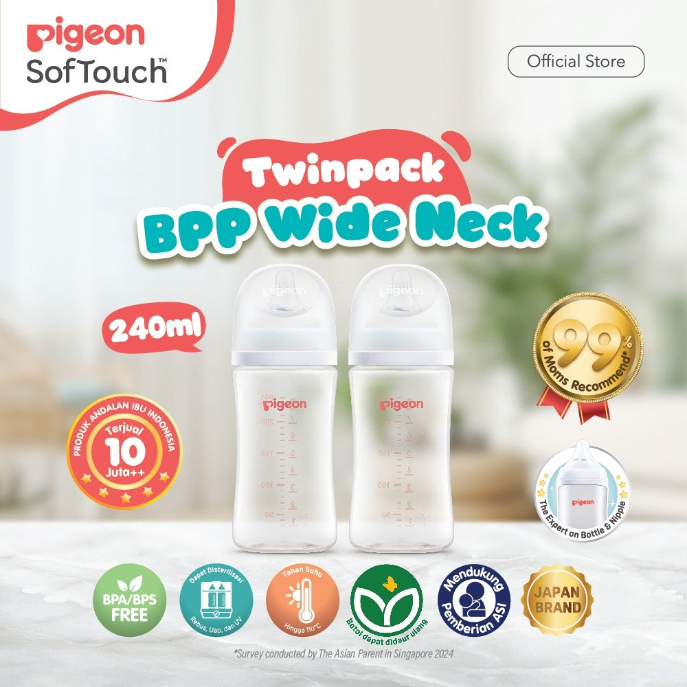 PIGEON Botol BPP Wide Neck (Set isi 2) with SofTouch Nipple | Botol Susu Bayi | Botol Susu Newborn | Medical Grade | Tahan Suhu 110 C | Anti Kolik | BPA BPS FREE | Dot Seperti Payudara Ibu | Nipple Dot Lembut & Elastis | Nipple Anti Bingput