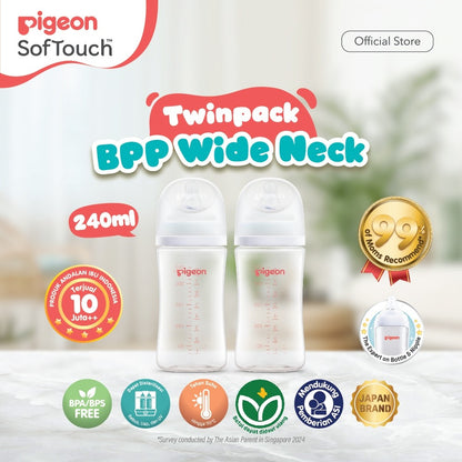 PIGEON Botol BPP Wide Neck (Set isi 2) with SofTouch Nipple | Botol Susu Bayi | Botol Susu Newborn | Medical Grade | Tahan Suhu 110 C | Anti Kolik | BPA BPS FREE | Dot Seperti Payudara Ibu | Nipple Dot Lembut & Elastis | Nipple Anti Bingput