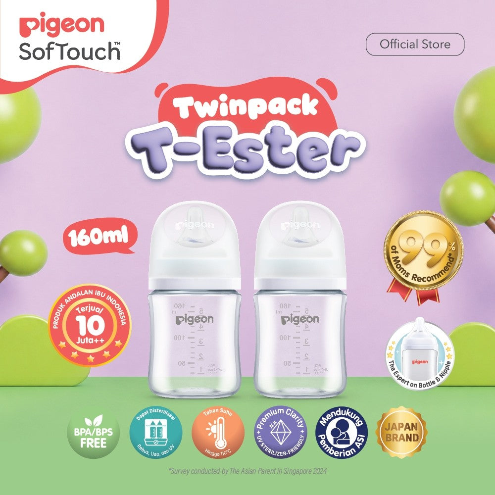 PIGEON Botol T-ESTER Wide Neck (Set isi 2) with SofTouch Nipple | Twin Pack | Botol Susu Bayi | Botol Newborn | Medical Grade | Tahan Hingga 180 C | Anti Kolik | BPA BPS FREE | Dot Seperti Payudara Ibu | Nipple Dot Lembut & Elastis | Nipple Anti Bingput