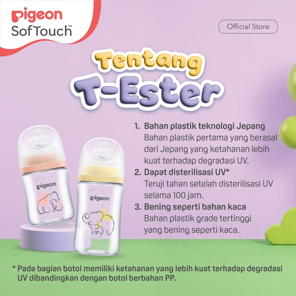 PIGEON Botol T-ESTER Wide Neck (Set isi 2) with SofTouch Nipple | Twin Pack | Botol Susu Bayi | Botol Newborn | Medical Grade | Tahan Hingga 180 C | Anti Kolik | BPA BPS FREE | Dot Seperti Payudara Ibu | Nipple Dot Lembut & Elastis | Nipple Anti Bingput