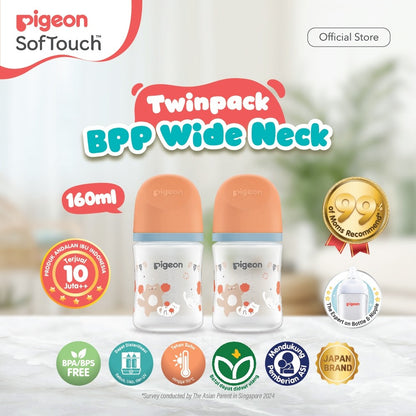 PIGEON Botol BPP Wide Neck (Set isi 2) with SofTouch Nipple | Botol Susu Bayi | Botol Susu Newborn | Medical Grade | Tahan Suhu 110 C | Anti Kolik | BPA BPS FREE | Dot Seperti Payudara Ibu | Nipple Dot Lembut & Elastis | Nipple Anti Bingput
