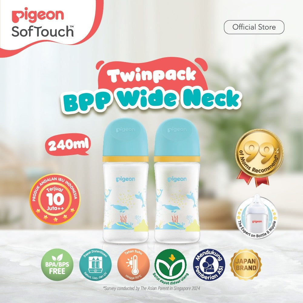 PIGEON Botol BPP Wide Neck (Set isi 2) with SofTouch Nipple | Botol Susu Bayi | Botol Susu Newborn | Medical Grade | Tahan Suhu 110 C | Anti Kolik | BPA BPS FREE | Dot Seperti Payudara Ibu | Nipple Dot Lembut & Elastis | Nipple Anti Bingput