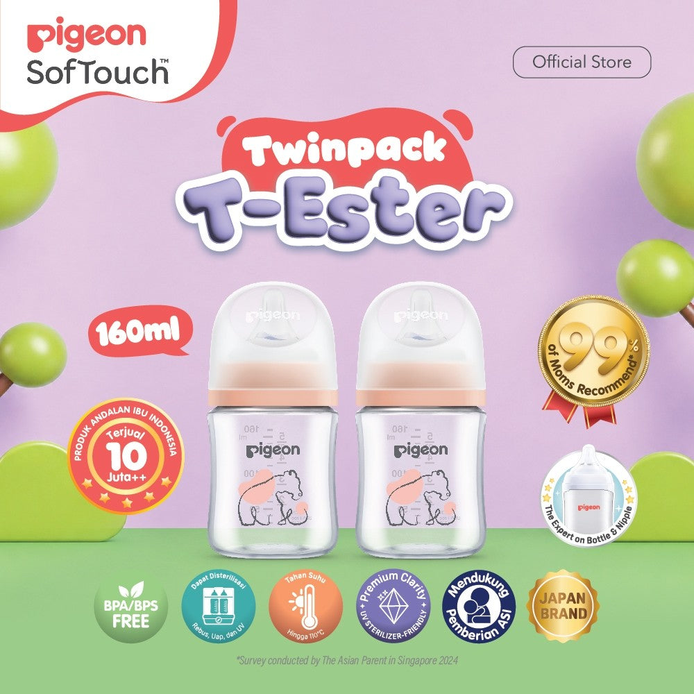 PIGEON Botol T-ESTER Wide Neck (Set isi 2) with SofTouch Nipple | Twin Pack | Botol Susu Bayi | Botol Newborn | Medical Grade | Tahan Hingga 180 C | Anti Kolik | BPA BPS FREE | Dot Seperti Payudara Ibu | Nipple Dot Lembut & Elastis | Nipple Anti Bingput