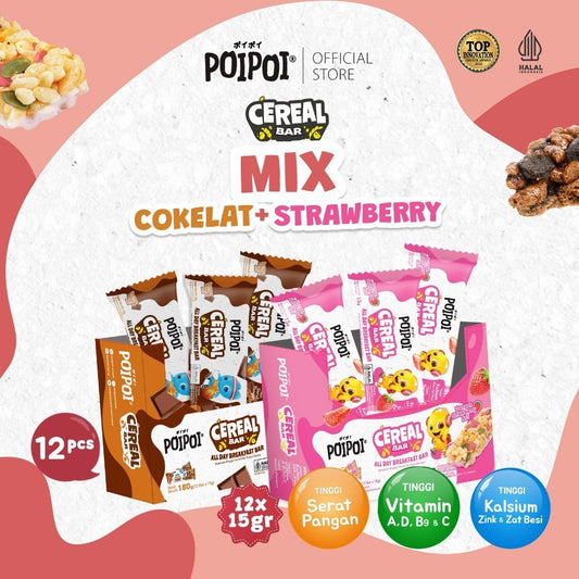 (ISI 12) POIPOI Cereal Bar Mix Cokelat & Strawberry 15g | Cereal bar bergizi | Cemilan Anak | Sarapan Instant | Tinggi Vitamin | Tinggi Kalsium | Cokelat Asli