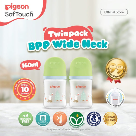 PIGEON Botol BPP Wide Neck (Set isi 2) with SofTouch Nipple | Botol Susu Bayi | Botol Susu Newborn | Medical Grade | Tahan Suhu 110 C | Anti Kolik | BPA BPS FREE | Dot Seperti Payudara Ibu | Nipple Dot Lembut & Elastis | Nipple Anti Bingput