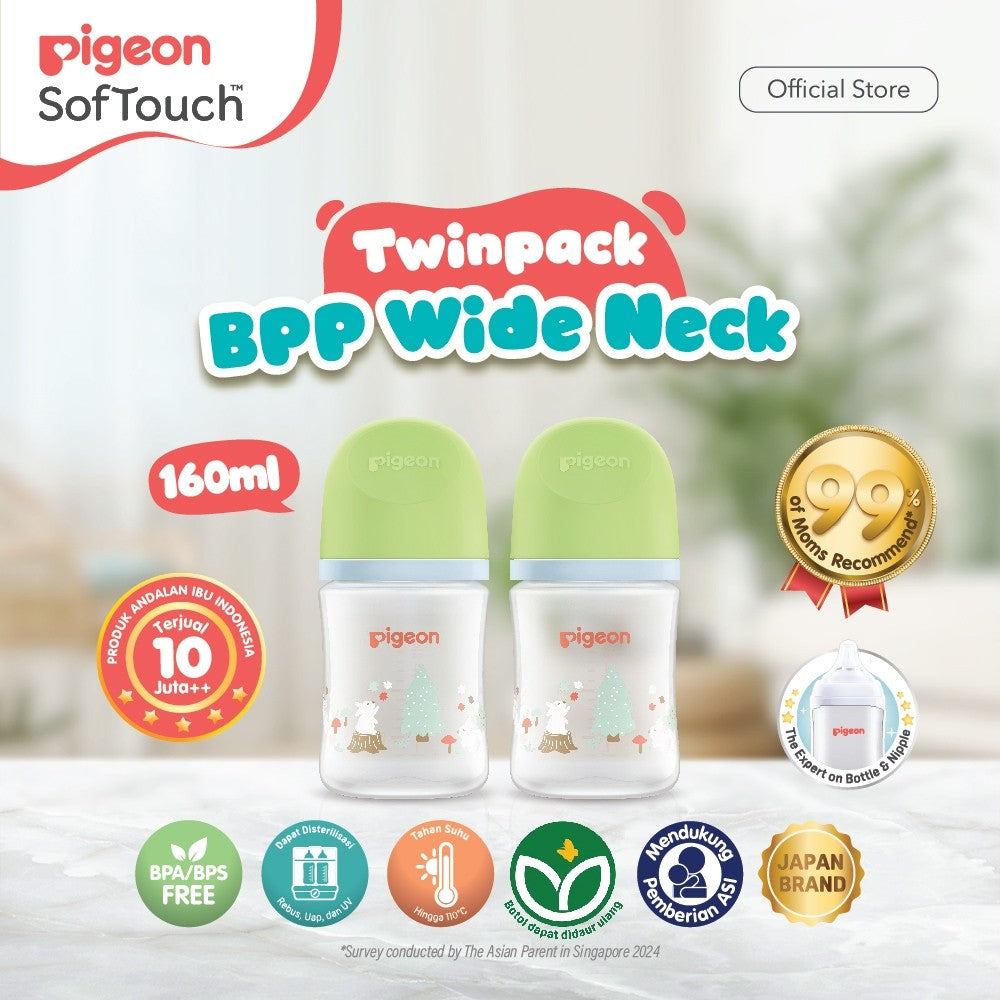 PIGEON Botol BPP Wide Neck (Set isi 2) with SofTouch Nipple | Botol Susu Bayi | Botol Susu Newborn | Medical Grade | Tahan Suhu 110 C | Anti Kolik | BPA BPS FREE | Dot Seperti Payudara Ibu | Nipple Dot Lembut & Elastis | Nipple Anti Bingput