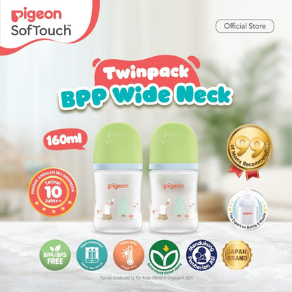 PIGEON Botol BPP Wide Neck (Set isi 2) with SofTouch Nipple | Botol Susu Bayi | Botol Susu Newborn | Medical Grade | Tahan Suhu 110 C | Anti Kolik | BPA BPS FREE | Dot Seperti Payudara Ibu | Nipple Dot Lembut & Elastis | Nipple Anti Bingput