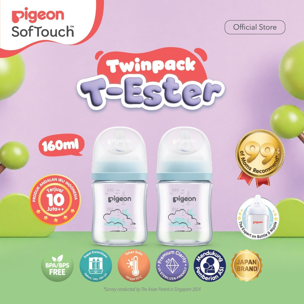 PIGEON Botol T-ESTER Wide Neck (Set isi 2) with SofTouch Nipple | Twin Pack | Botol Susu Bayi | Botol Newborn | Medical Grade | Tahan Hingga 180 C | Anti Kolik | BPA BPS FREE | Dot Seperti Payudara Ibu | Nipple Dot Lembut & Elastis | Nipple Anti Bingput