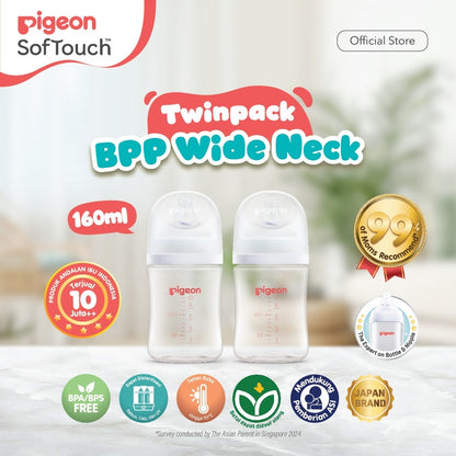 PIGEON Botol BPP Wide Neck (Set isi 2) with SofTouch Nipple | Botol Susu Bayi | Botol Susu Newborn | Medical Grade | Tahan Suhu 110 C | Anti Kolik | BPA BPS FREE | Dot Seperti Payudara Ibu | Nipple Dot Lembut & Elastis | Nipple Anti Bingput