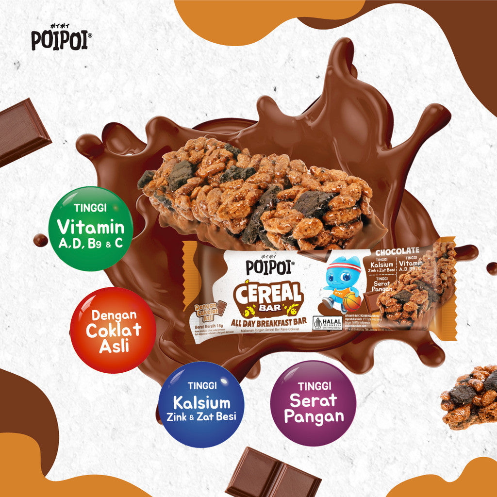 (ISI 12) POIPOI Cereal Bar Mix Cokelat & Strawberry 15g | Cereal bar bergizi | Cemilan Anak | Sarapan Instant | Tinggi Vitamin | Tinggi Kalsium | Cokelat Asli