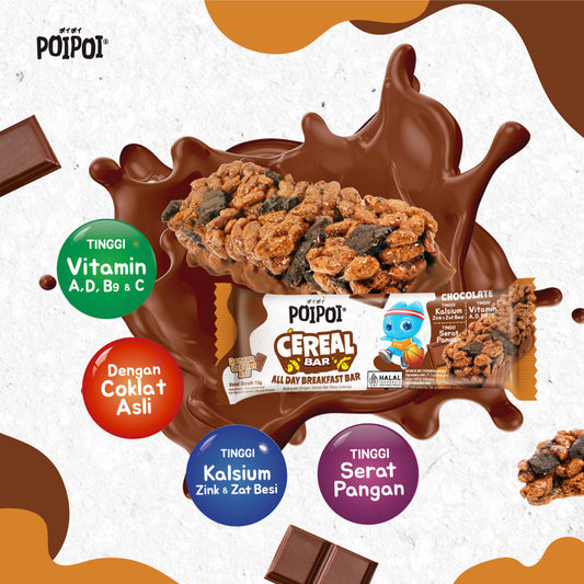 (ISI 12) POIPOI Cereal Bar Mix Cokelat & Strawberry 15g | Cereal bar bergizi | Cemilan Anak | Sarapan Instant | Tinggi Vitamin | Tinggi Kalsium | Cokelat Asli
