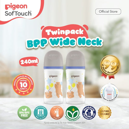 PIGEON Botol BPP Wide Neck (Set isi 2) with SofTouch Nipple | Botol Susu Bayi | Botol Susu Newborn | Medical Grade | Tahan Suhu 110 C | Anti Kolik | BPA BPS FREE | Dot Seperti Payudara Ibu | Nipple Dot Lembut & Elastis | Nipple Anti Bingput