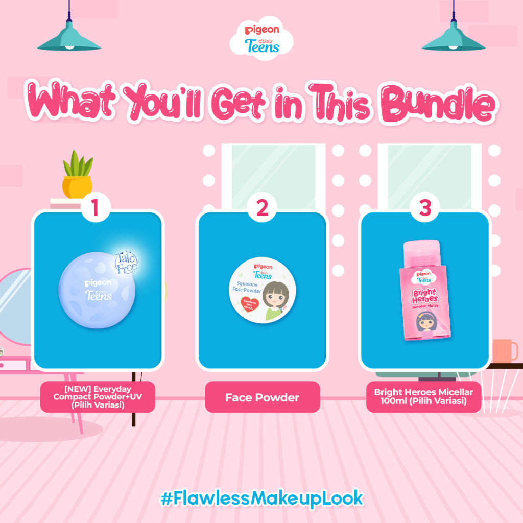 PIGEON TEENS MAKEUP FULL SET | Makeup Kit Remaja| Bedak dan Micellar Water Remaja| Untuk Semua Jenis Kulit